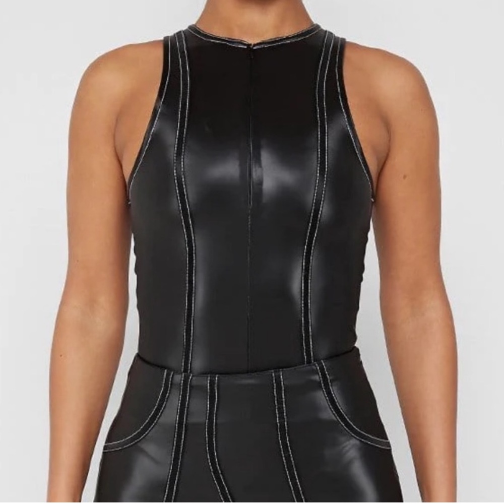 ISO IN SEARCH OF! Maniere De Voir Racer Neck High Shine Bodysuit Black